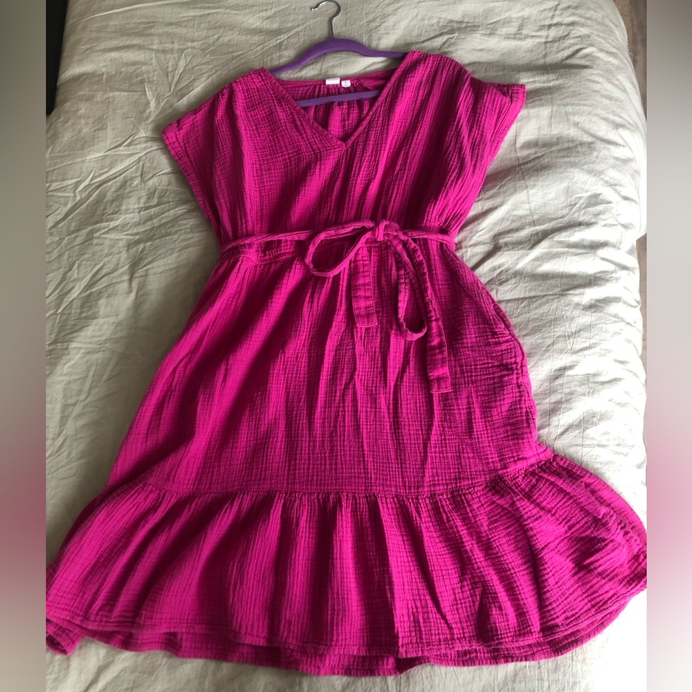 GAP Fuschia Pink 100% Cotton Muslim Midi Dress XL Tie Waist V-Neck